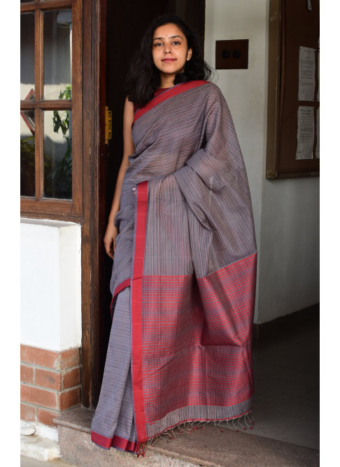 Greyish Brown, Handwoven Organic Cotton, Textured Weave , Jacquard, Work Wear, Striped Saree-ET/EX/KO/15L